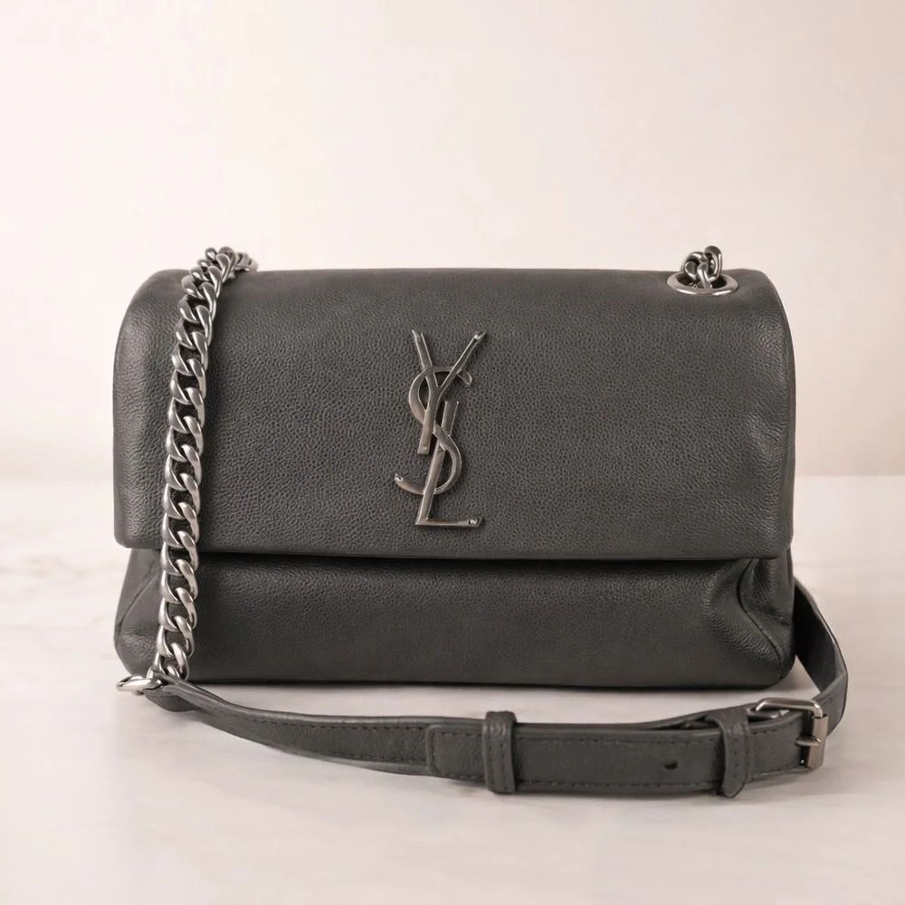 YSL West Hollywood Monogram Fold Over Leather Bag Grey